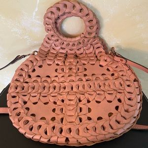 Patricia Nash round crossbody bag. Genuine pink leather.